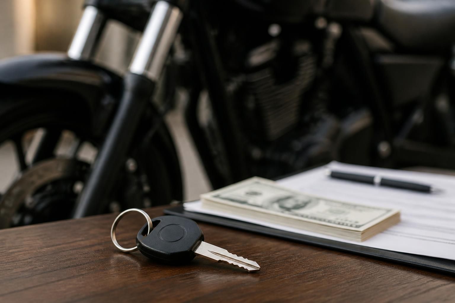 A motorcycle staged for a cash sale in a clean setting.
