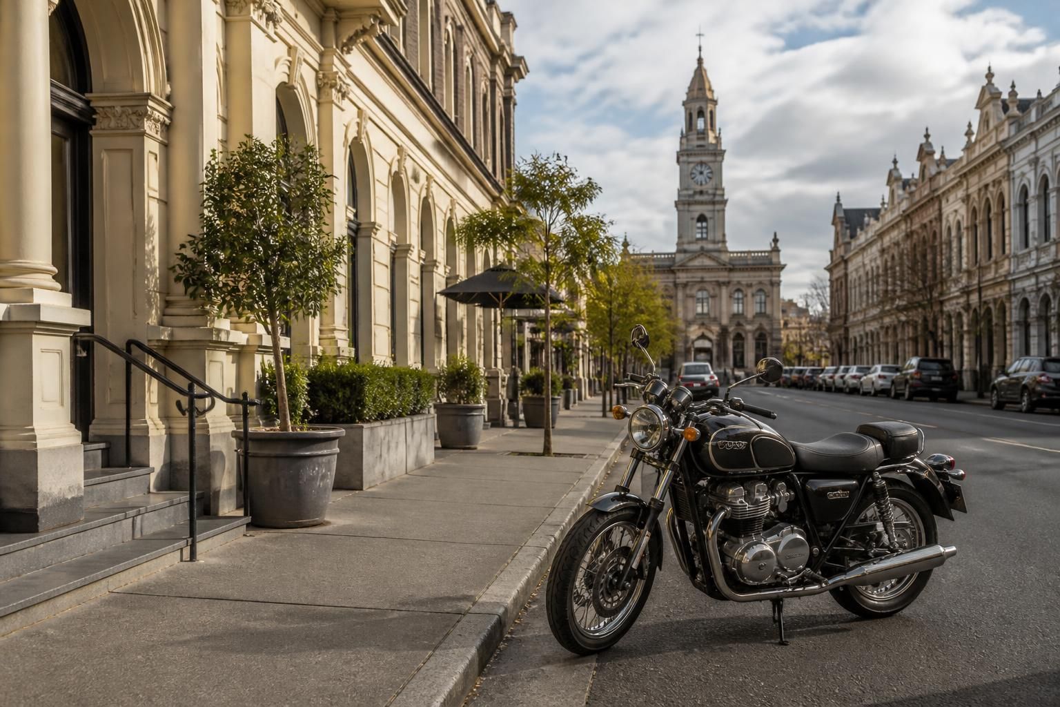 Ballarat streetscape with a parked motorcycle and heritage buildings.