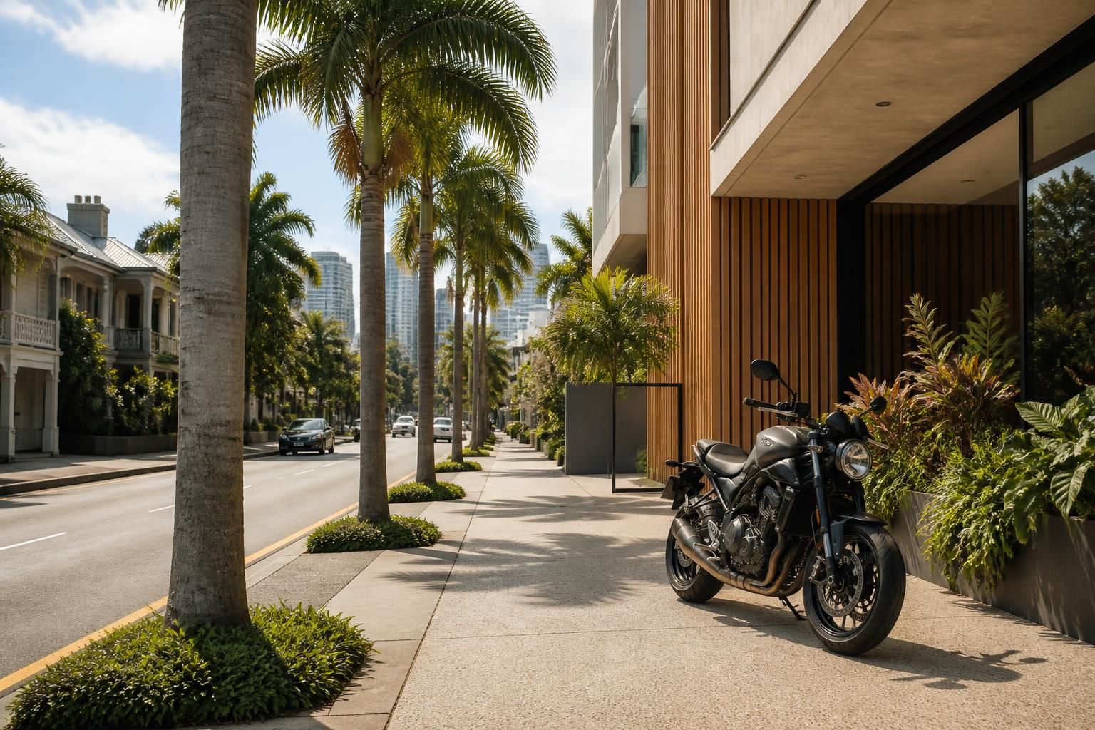 Brisbane street scene with a motorcycle near modern buildings.