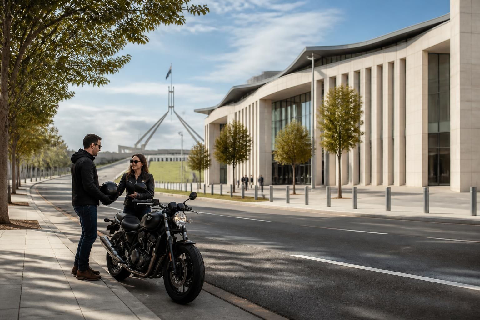 Canberra street scene with a tidy motorcycle pickup area.