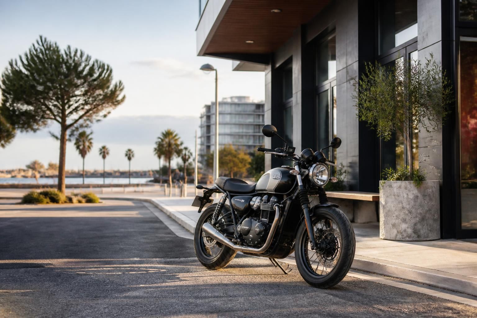 Geelong street with a motorcycle near modern buildings.