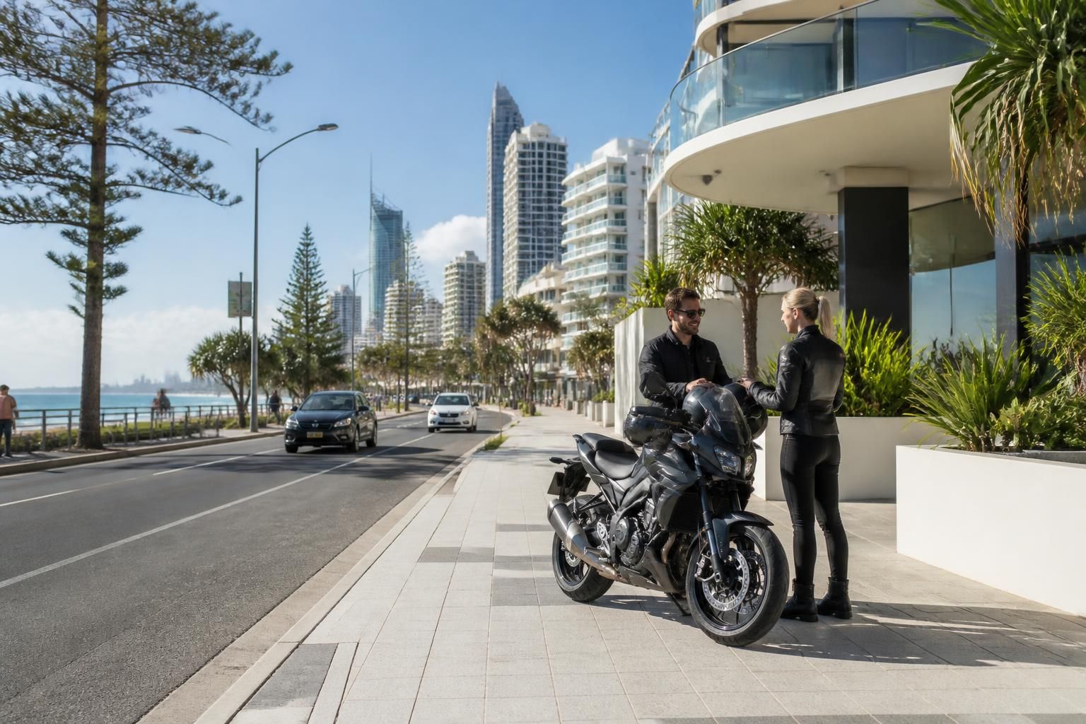 Gold Coast street with a clean motorcycle pickup point.