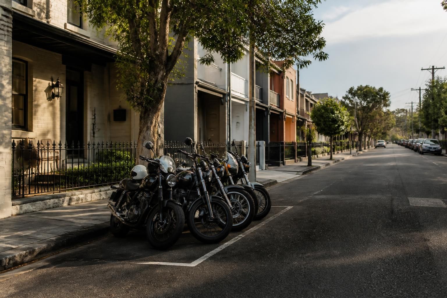 Newcastle street scene with a curbside motorcycle collection spot.