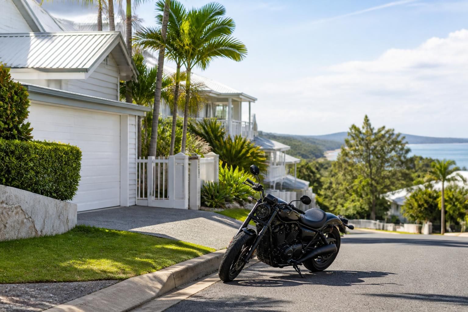 Sunshine Coast street with a tidy motorcycle pickup location.