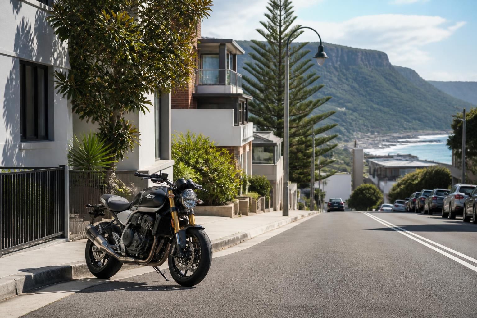Wollongong street with a parked motorcycle in a clean setting.