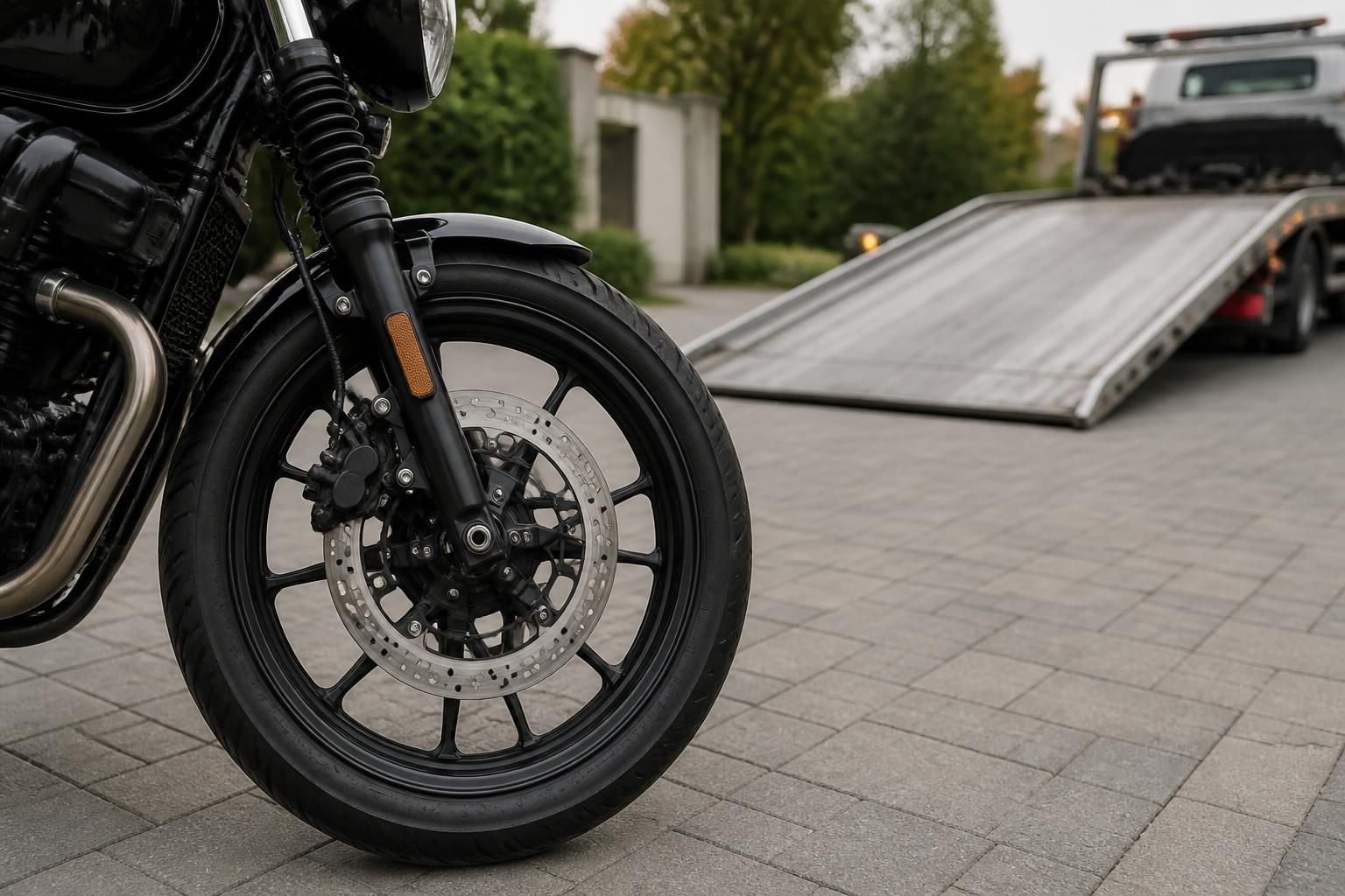 A motorcycle prepared for collection at a tidy pickup point.