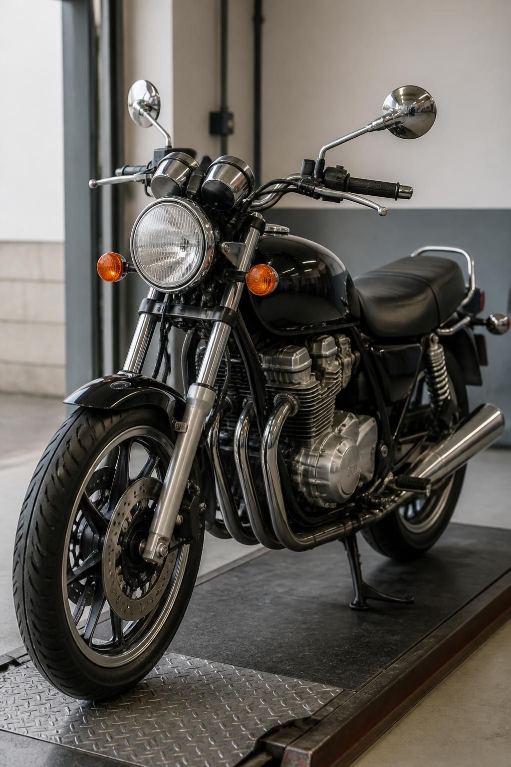 A neatly presented motorcycle in a clean inspection bay.