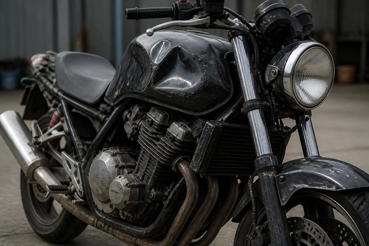 A damaged motorcycle shown cleanly in a service yard.